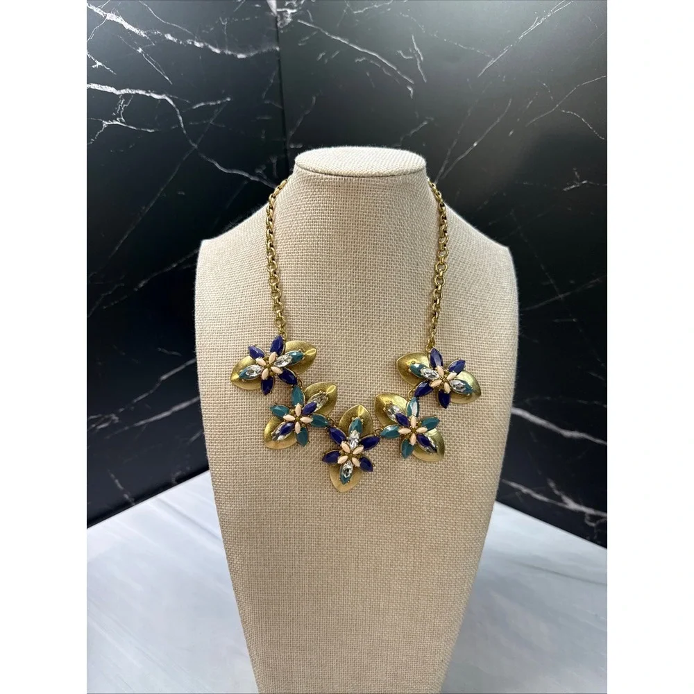 J.Crew Floral Statement Necklace Gold Tone Blue Teal Resin Crystal Flower Bib